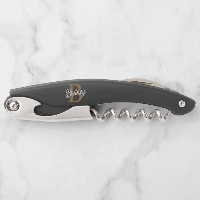 Tire-bouchon Monogramme moderne élégant Nom Black Gold Script (Devant)