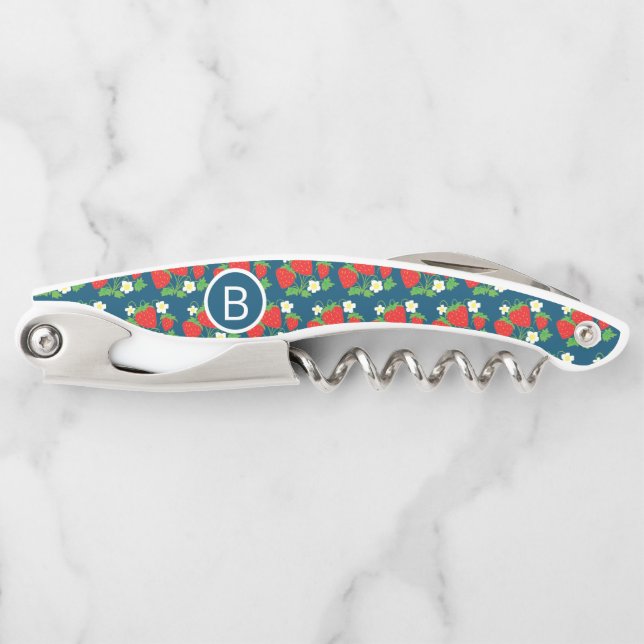 Tire-bouchon Monogramme motif bleu fraise et fleurs (Devant)