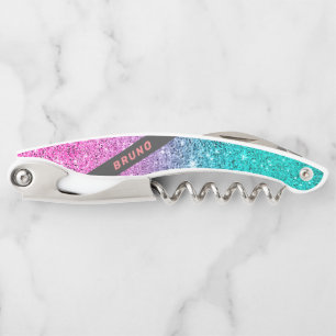 Tire-bouchon Monogramme ombré pailleté rose et turquoise