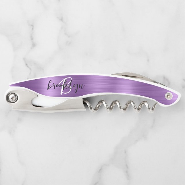 Tire-bouchon Monogramme Script Métal Brossé Faux Violet (Devant)