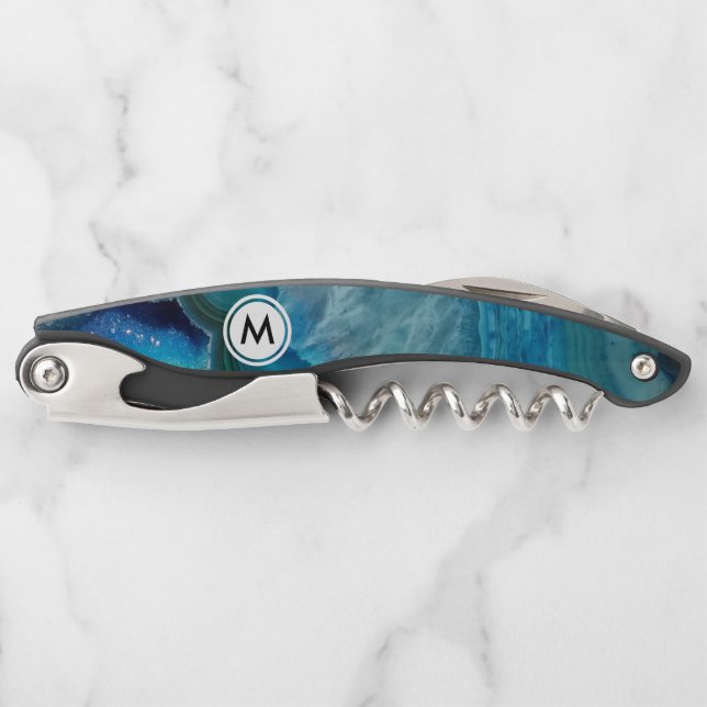 Tire-bouchon Motif Cool Blue Agate avec monogramme (Devant)
