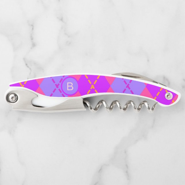 Tire-bouchon Motif monogramme argyle rose et bleu vif (Devant)