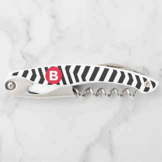 Tire-bouchon Motif Zig Zag Noir et Blanc Monogramme Rouge