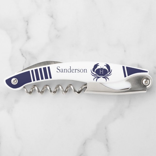 Tire-bouchon Navire Monogrammé Crabe Bleu Blanc Nautique (Dos)