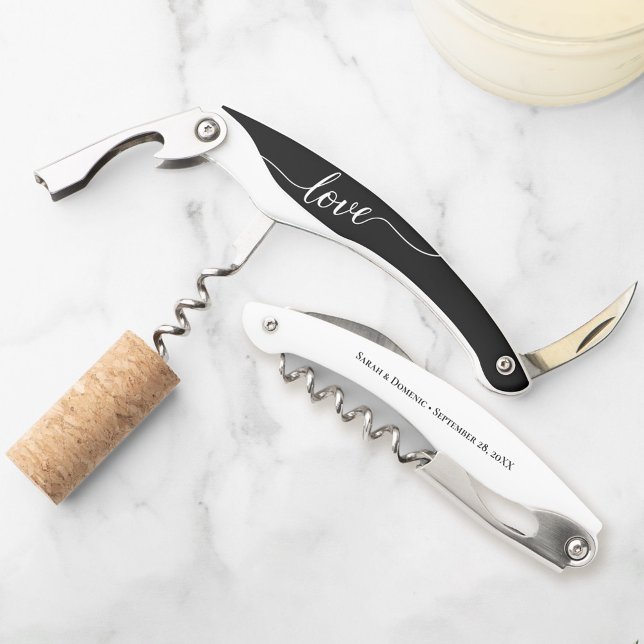 Tire-bouchon Noir et blanc amour Merci mariage Faveur (Black and white wedding favor personalized cork screw.)