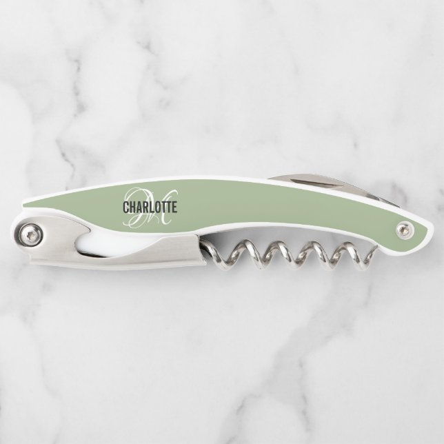 Tire-bouchon Nom de monogramme vert de sauge moderne  (Devant)