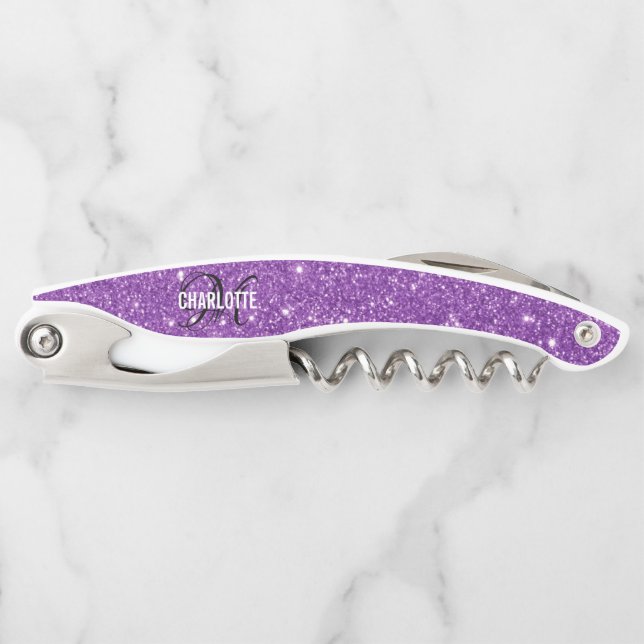 Tire-bouchon Nom monogramme de parties scintillant violet moder (Devant)