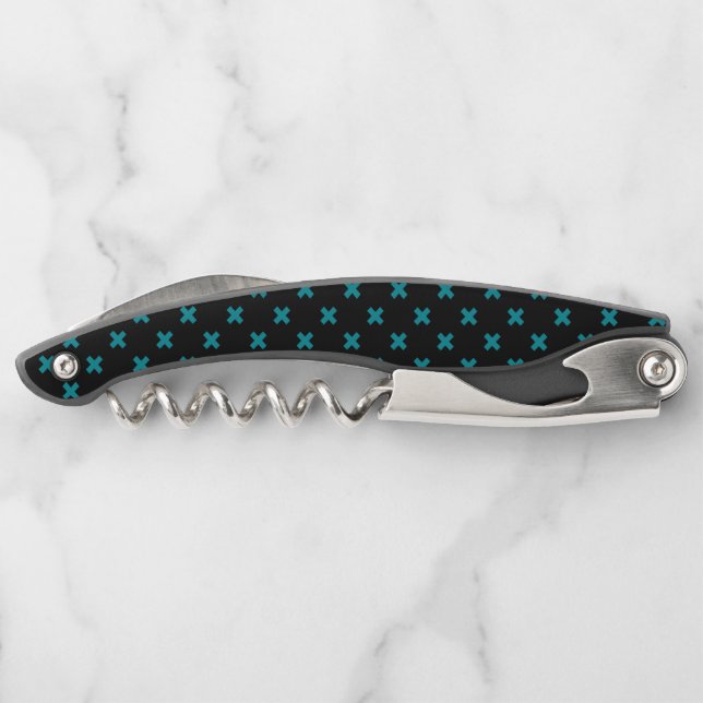 Tire-bouchon points de croix turquoises sur noir (Dos)