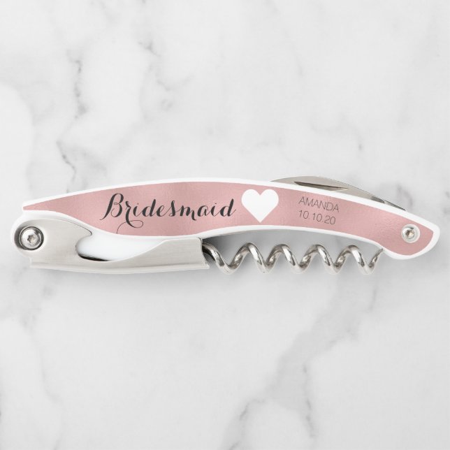 Tire-bouchon Rose Gold Bridal Party Girly Bridesmaid Heart Date (Devant)