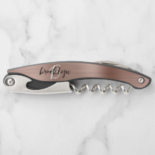 Tire-bouchon Rose Gold Faux Métal Brossé Monogramme Script