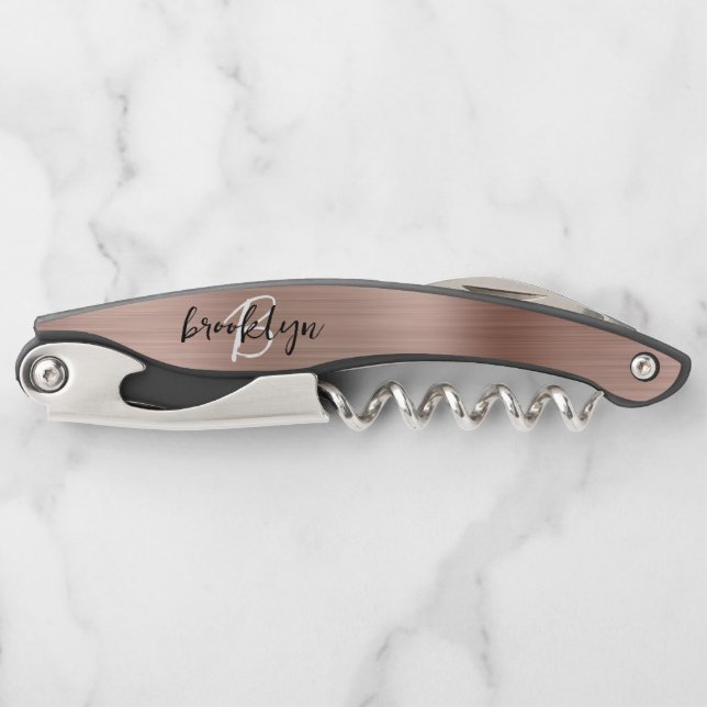 Tire-bouchon Rose Gold Faux Métal Brossé Monogramme Script (Devant)
