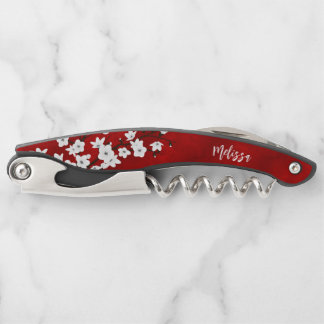 Tire-bouchon Rouge Noir Et Blanc Fleurs De Cerisiers Monogramme