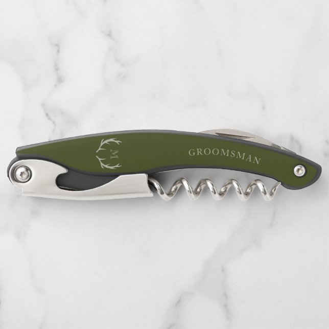 Tire-bouchon Rustic Army Green Antler Personnalisé Groomsmen Ca (Devant)