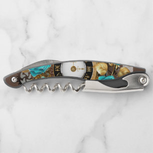 Tire-bouchon Steampunk Clock and Turquoise Roses on Striped