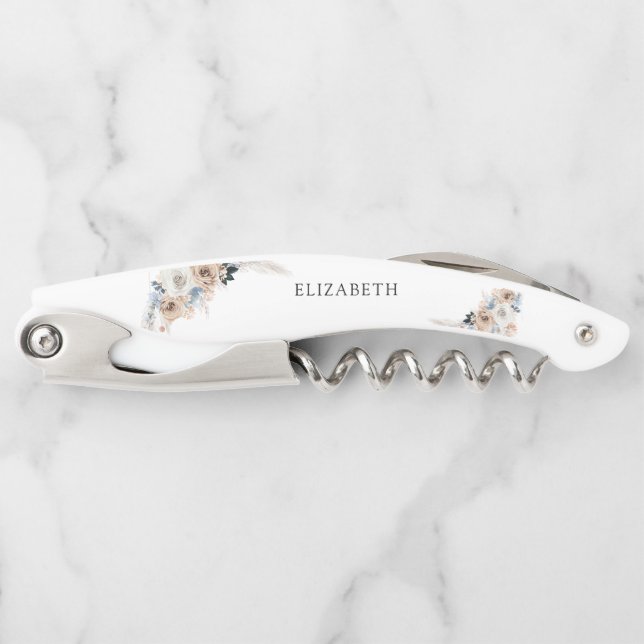 Tire-bouchon Vis à bouchon floral en ivoire et bleu Boho (Devant)