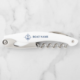 Tire-bouchon Votre nom de bateau Ancre Compass en blanc
