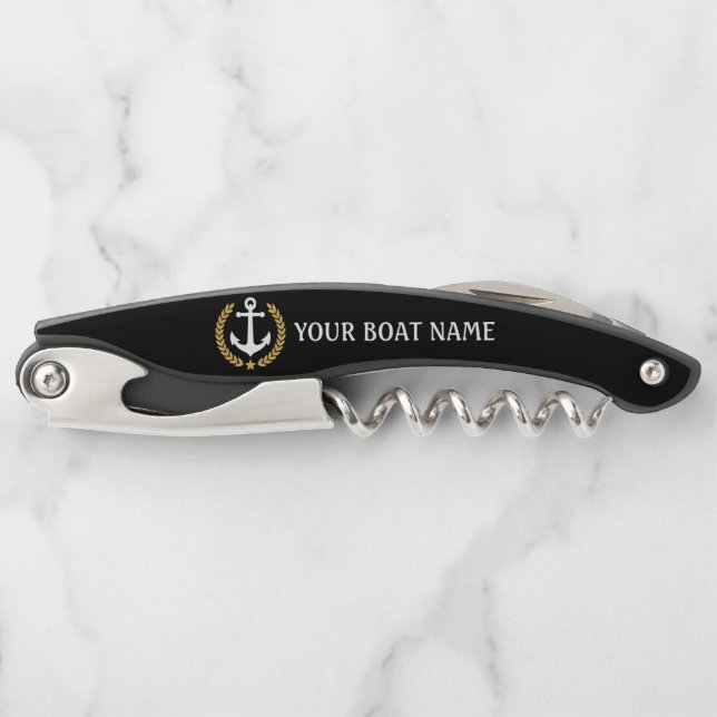 Tire-bouchon Votre nom de bateau Ancre Gold Style Laurel Black (Devant)