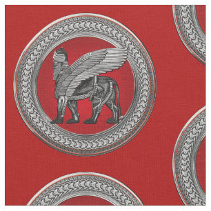 Tissu [300] Lion ailé assyrien : Argent et Lamassu noir