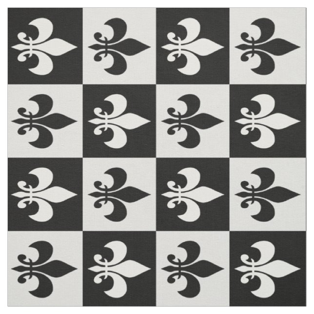 Tissu à damiers Fleur de lis blanc noir géométrique (Échantillon)
