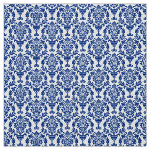 tissu à motifs damassés bleu et blanc.