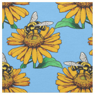 Tissu Abeille sur motif de fleur de tournesol bleu