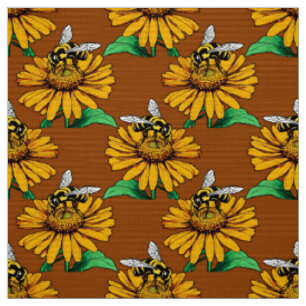 Tissu Abeille sur motif de fleur de tournesol marron