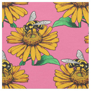Tissu Abeille sur motif de fleur de tournesol rose