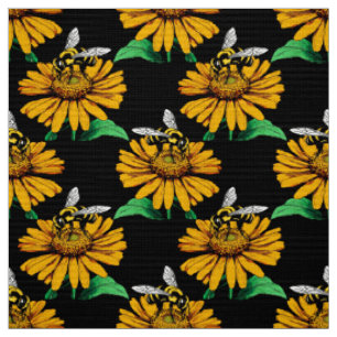 Tissu Abeille sur Tournesol Fleur Motif Design Noir