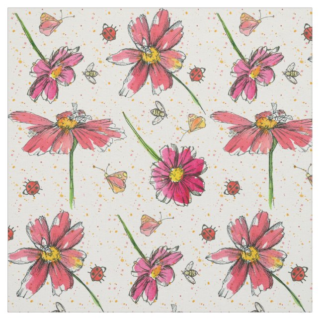 Tissu Abeilles de marguerite rose Ladybugs (Échantillon)