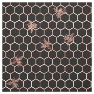 Tissu Abeilles d'or Rose et peigne de miel sur noir
