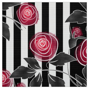 Tissu Abstrait moderne rouge roses blanc noir rayé ligne