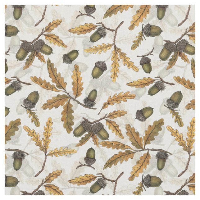Tissu Acornes et feuilles de chêne sur blanc (Fermer)