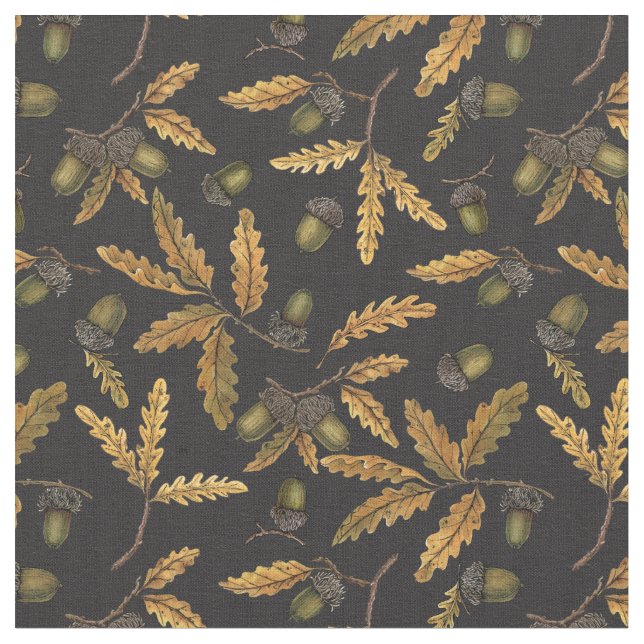 Tissu Acornes et feuilles de chêne sur noir (Fermer)