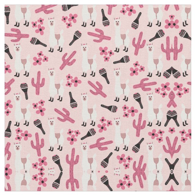 Tissu Adorable Llama Maraca Cactus blanc rose floral (Fermer)