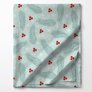 Tissu Aiguilles de pin et baies rouges sur fond bleu cla
