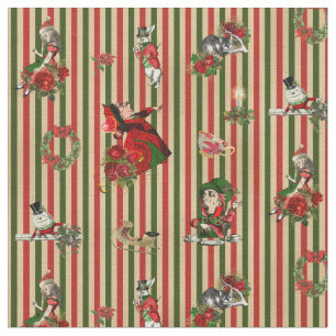 Tissu Alice au pays des merveilles à Noël rayé rouge/