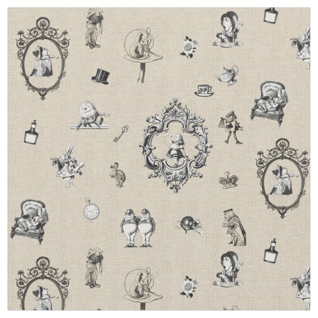 Tissu Alice au pays des merveilles, noir et blanc sur to (Fermer)