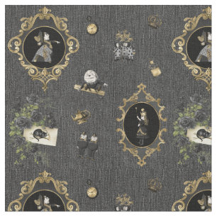 Tissu Alice au pays des merveilles Noir/Or sur Denim noi