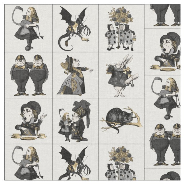 Tissu Alice au pays des merveilles Noir/Or sur table bla (Fermer)