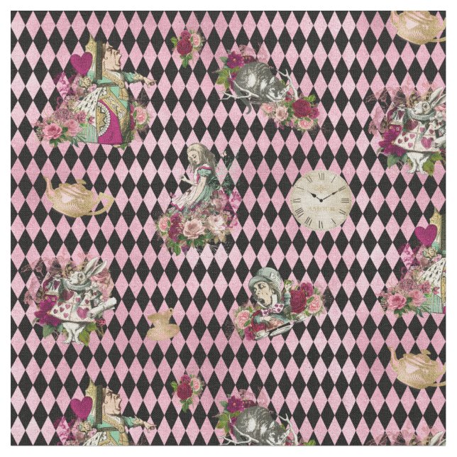 Tissu Alice au pays des merveilles sur le harlequin rose (Fermer)
