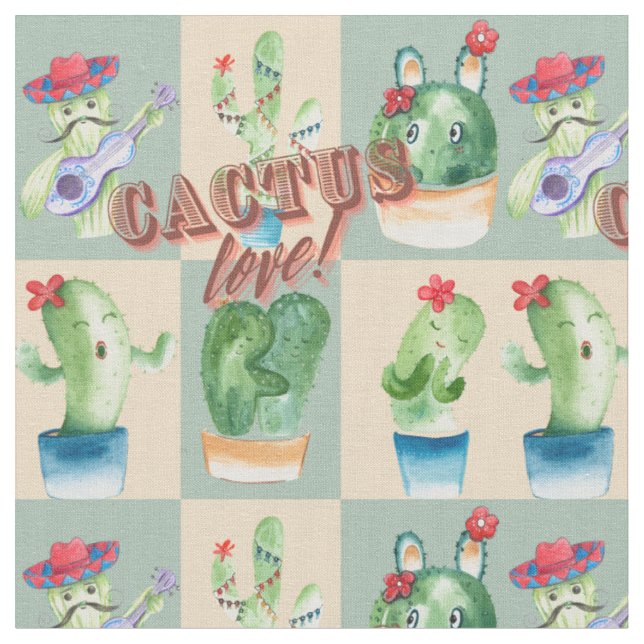 Tissu amour cactus - aquarelle, design avec cactus et t (Fermer)
