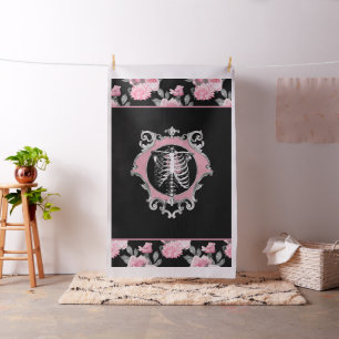 Tissu Amour gothique   Squelette rose et noir Coeur flor