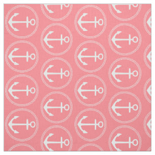 Tissu Ancres blanches nautiques et corde sur le rose cor