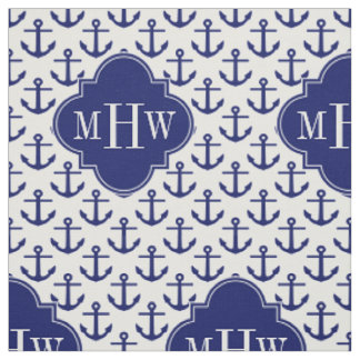 Tissu Ancres de la Marine Bc blanc, Marine 3 Monogramme