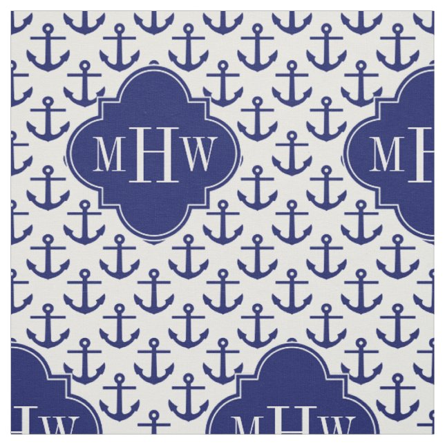 Tissu Ancres de la Marine Bc blanc, Marine 3 Monogramme  (Échantillon)