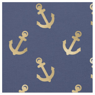 Tissu Ancres d'or métallique sur bleu marine