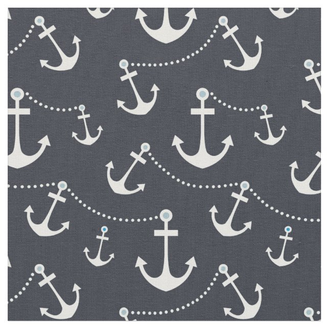 Tissu Ancres nautiques de blanc de bleu marine (Fermer)