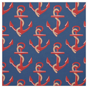 Tissu Ancres rouges Motif nautique sur bleu foncé