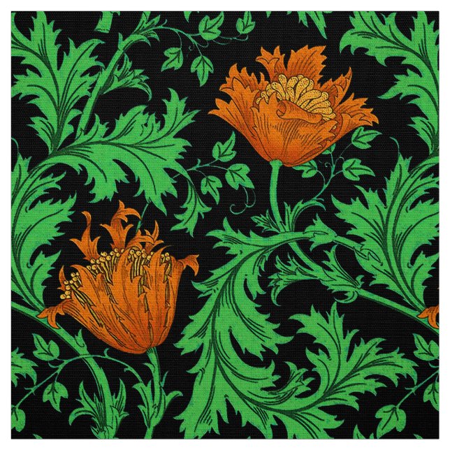 Tissu Anémone, orange, vert et noir de William Morris (Échantillon)