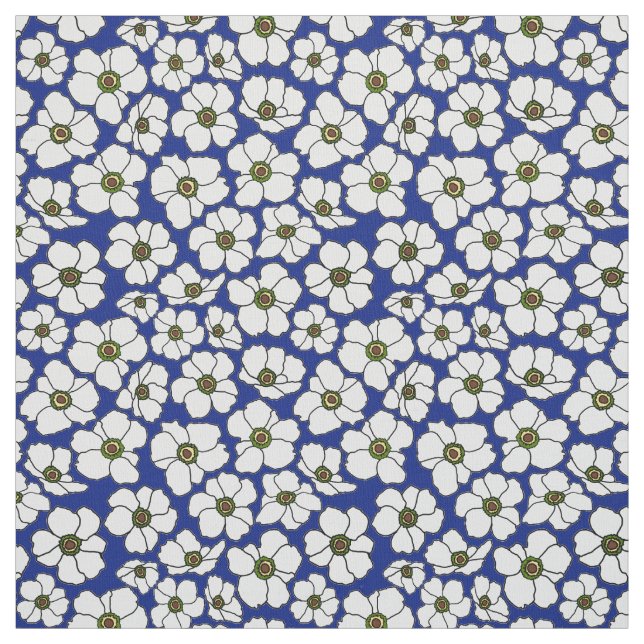 Tissu Anémones blanches sur fond bleu (Échantillon)